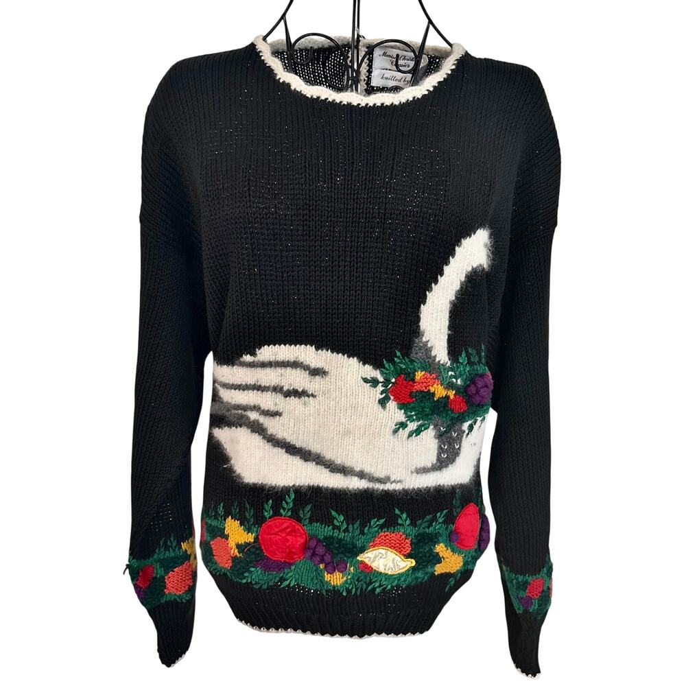 Vintage 80's Marisa Christina Collection Hand Knit Embroidered Swan Sweater